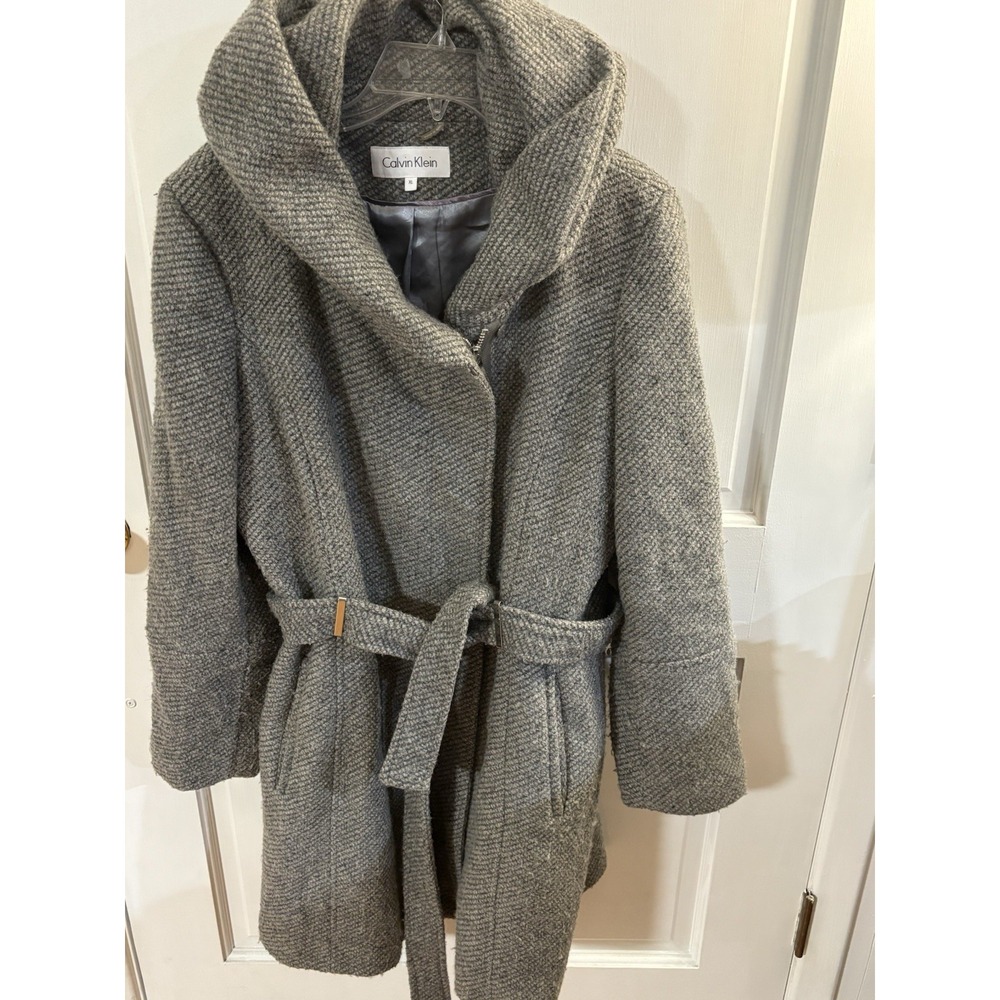 Calvin Klein Hooded Gray‎ Herringbone Wool Blend  XL Women's  Long Coat